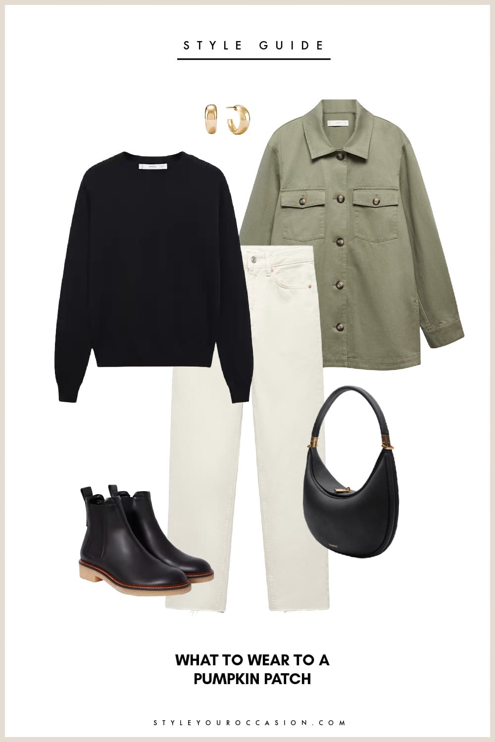 Flat lay graphic of white jeans, a black sweater, black booties, a black handbag, a green shacket and gold hoop earrings.