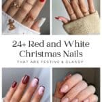 collage of four hands with red and white Christmas nail designs