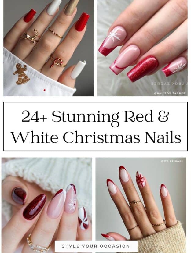 collage of four hands with red and white Christmas nails