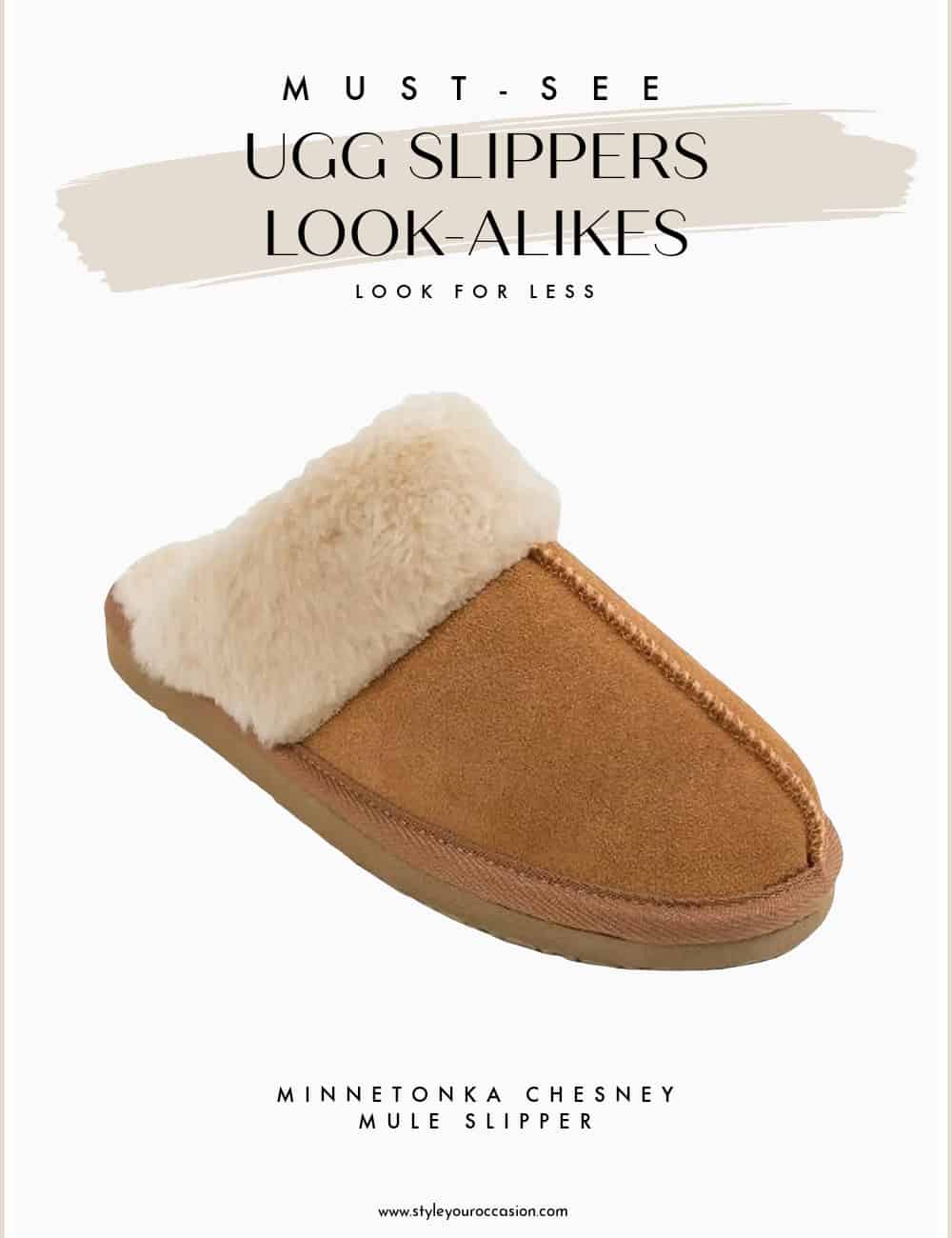 An image board of the Chesney mule slippers from Minnetonka as a dupe for Ugg Coquette slippers