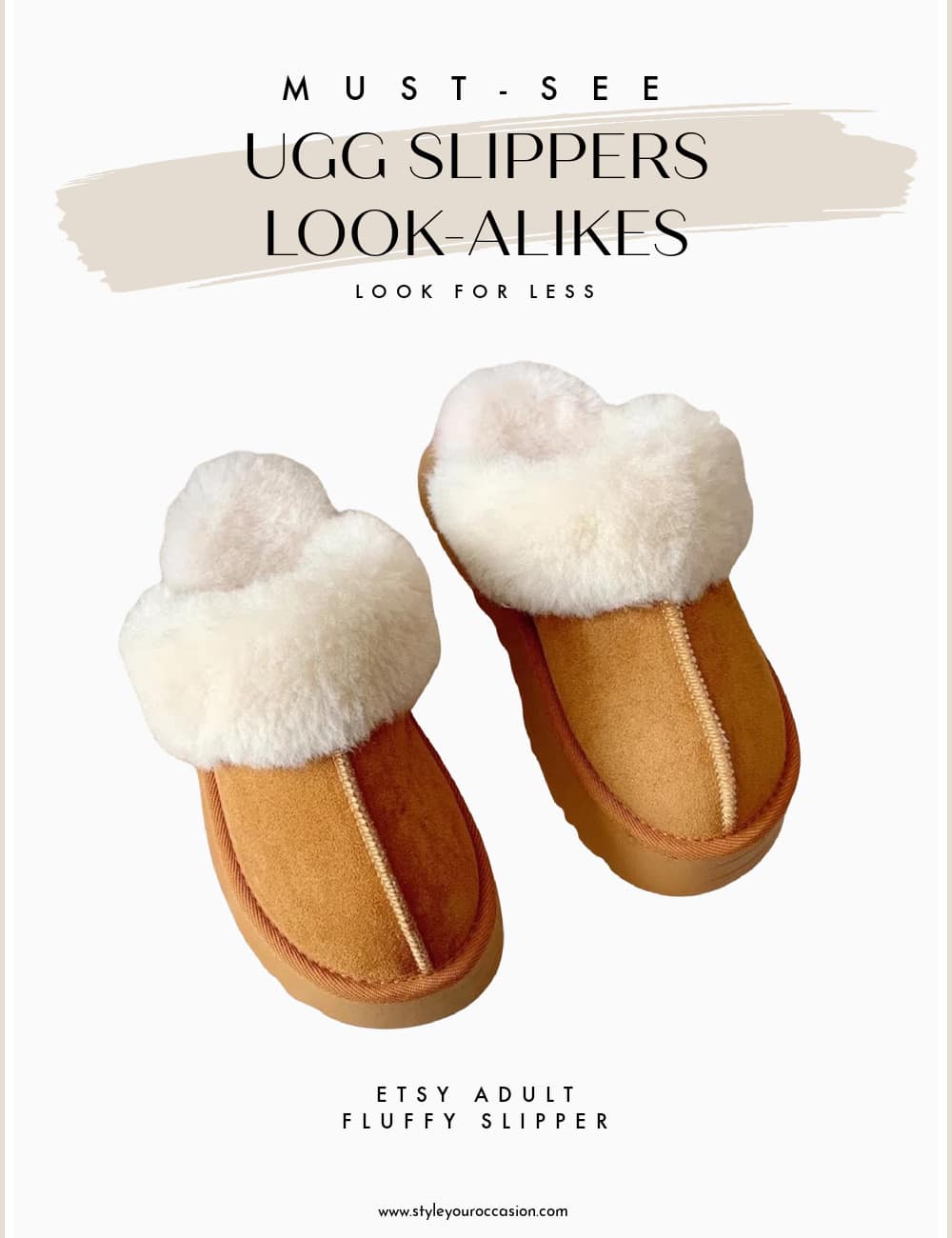 An image board of the adult fluffy slippers from Etsy as a dupe for Ugg slippers