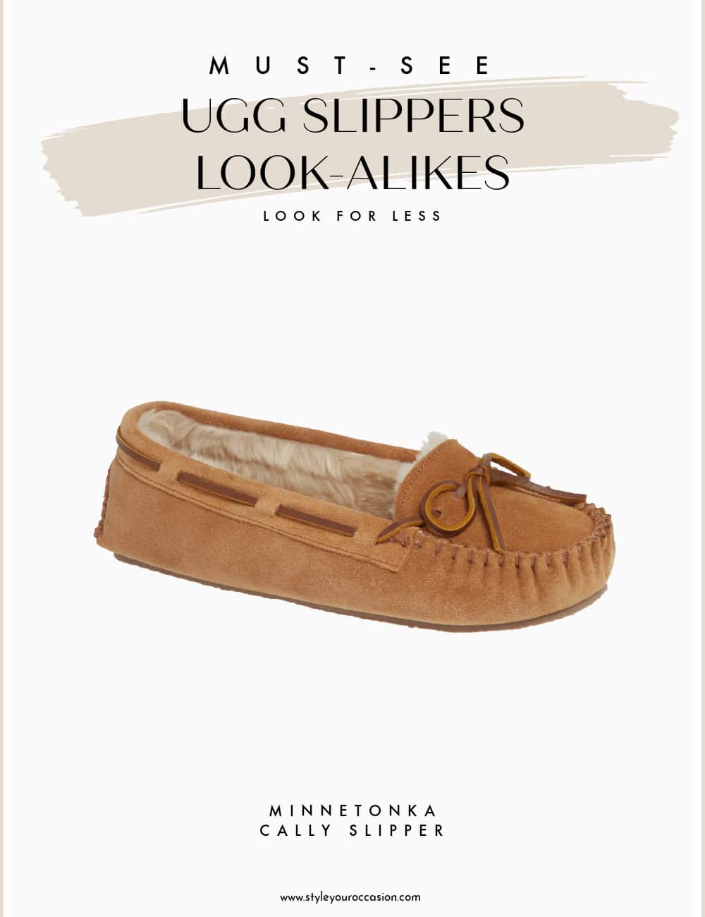 An image board of the Cally slippers from Minnetonka as a dupe for Ugg Dakota slippers