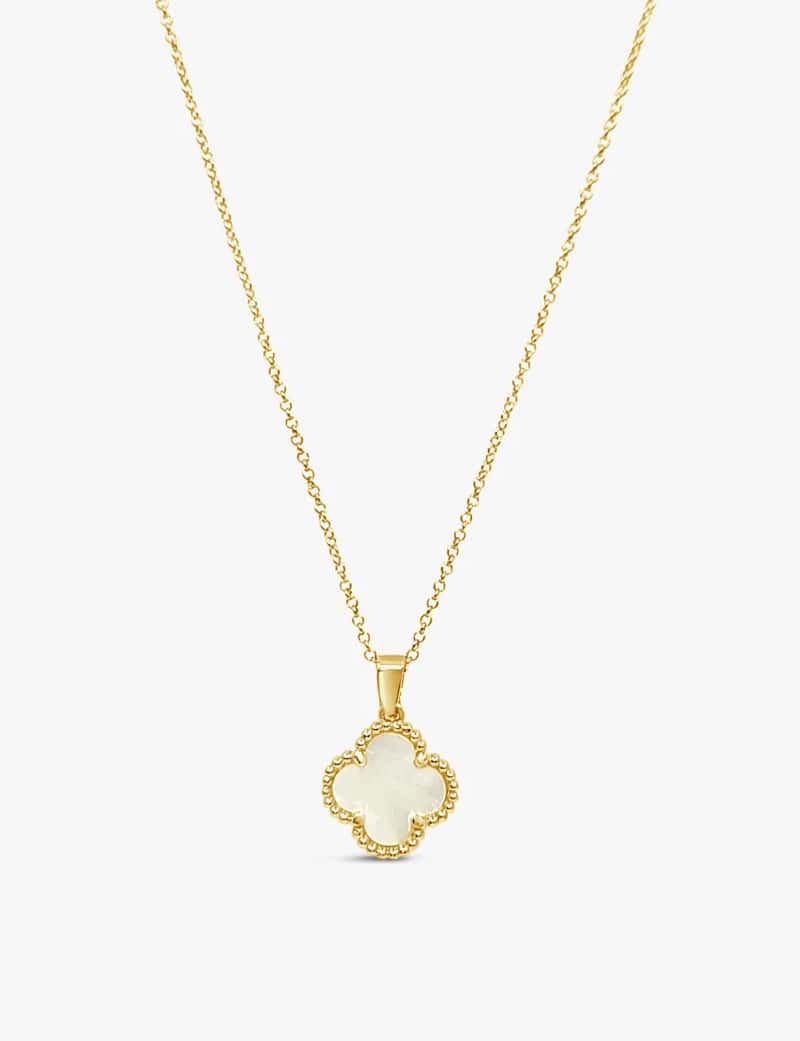 An image board of a Van Cleef pendant necklace dupe from Lutiro in pearl and gold