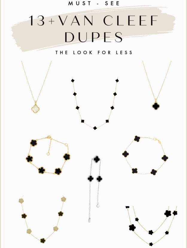 An image board of Van Cleef jewelry dupes including necklaces and bracelets