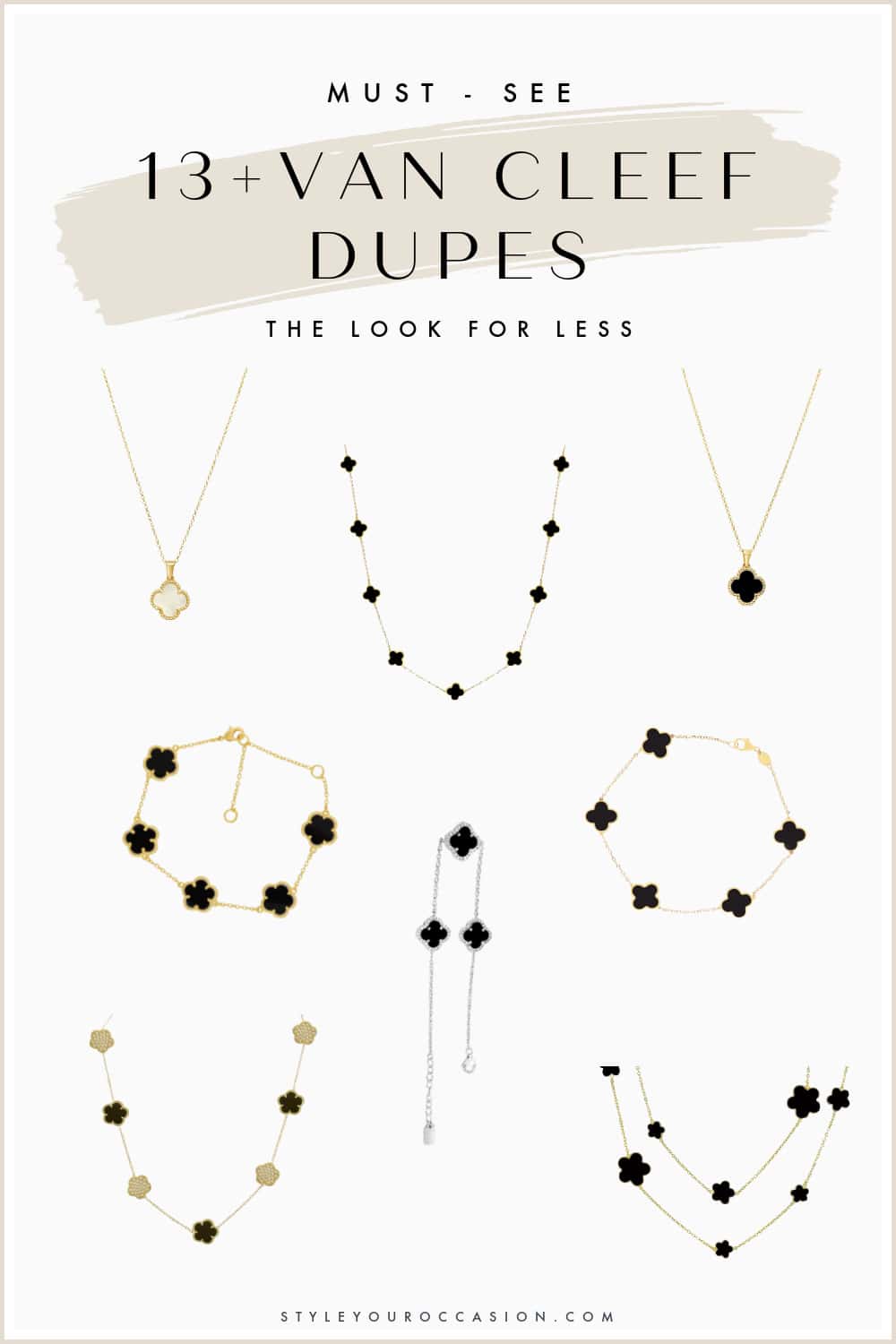 An image board of Van Cleef jewelry dupes including necklaces and bracelets
