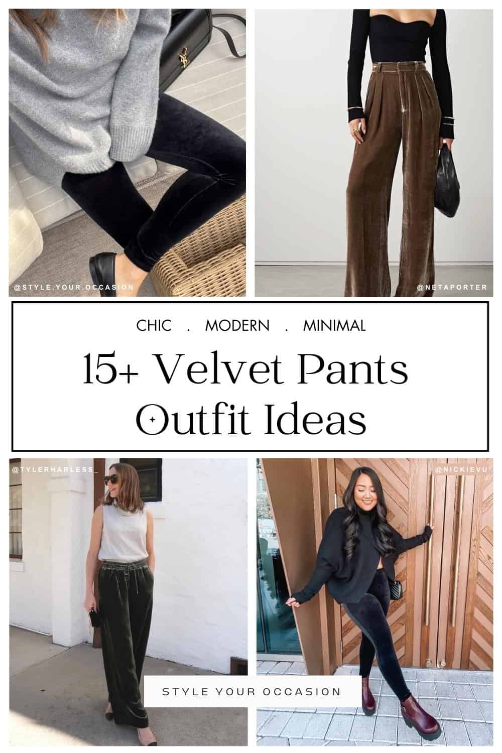 collage of four women wearing stylish outfits with velvet pants or velvet leggings