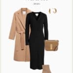 outfit from a winter capsule wardrobe with a camel wool coat, midi length black sweater dress, suede tan boots, and a camel leather bag