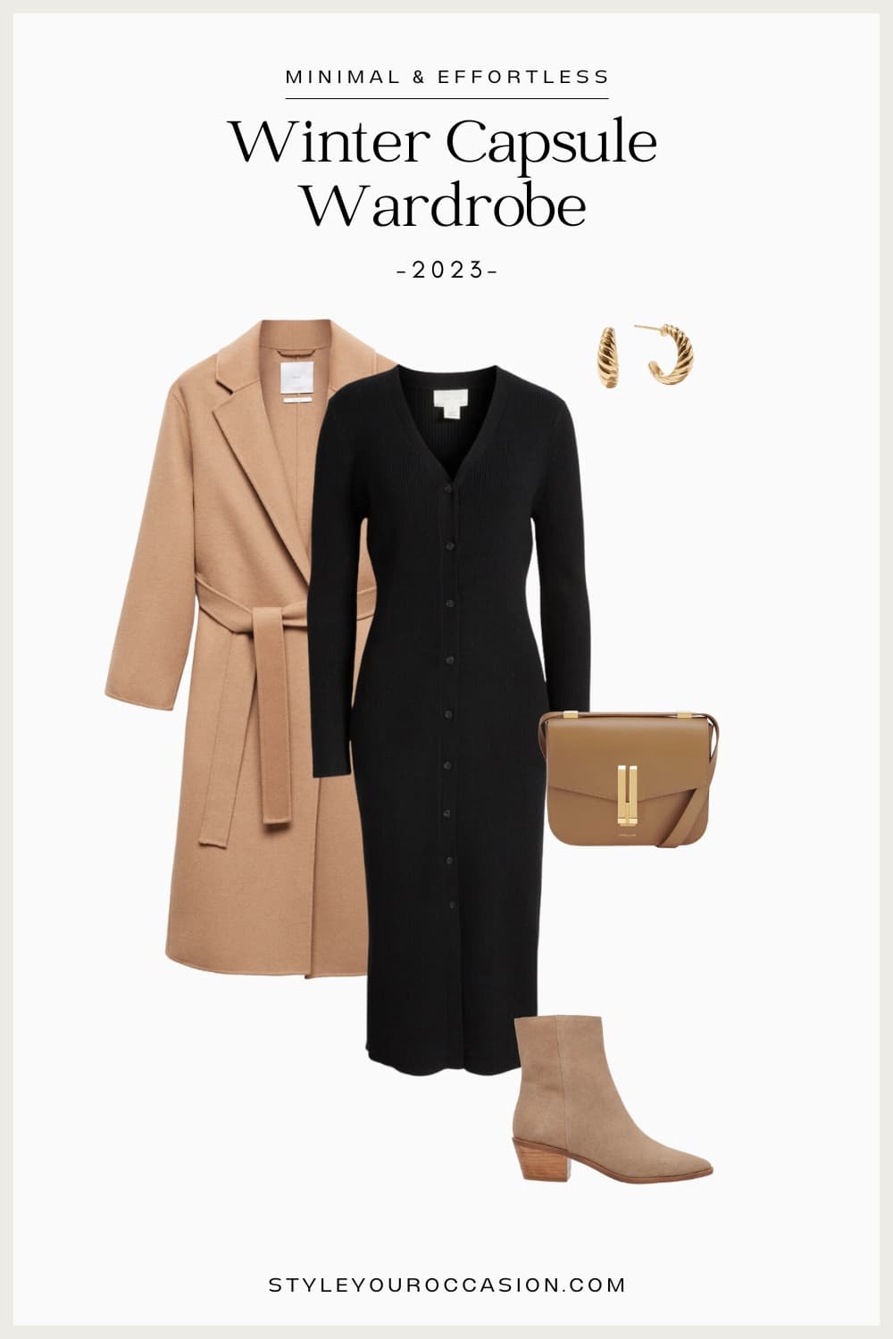 outfit from a winter capsule wardrobe with a camel wool coat, midi length black sweater dress, suede tan boots, and a camel leather bag