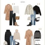 collage of four outfits from a winter capsule wardrobe with neutral clothing and accessories