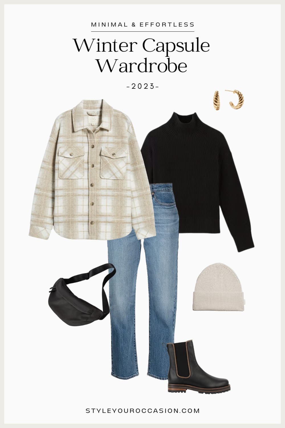 outfit graphic from a winter capsule wardrobe with a plaid shirt jacket, black turtleneck, blue jeans, black Chelsea boots, black sling bag, and beige cashmere beanie