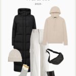 outfit graphic from a winter capsule wardrobe with a long black puffer coat, beige knit hoodie, off-white utility pants, cashmere beanie, black chelsea boots, wool socks, and a sling bag