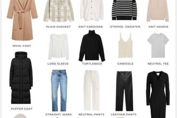 graphic of a neutral minimal winter capsule wardrobe for 2024
