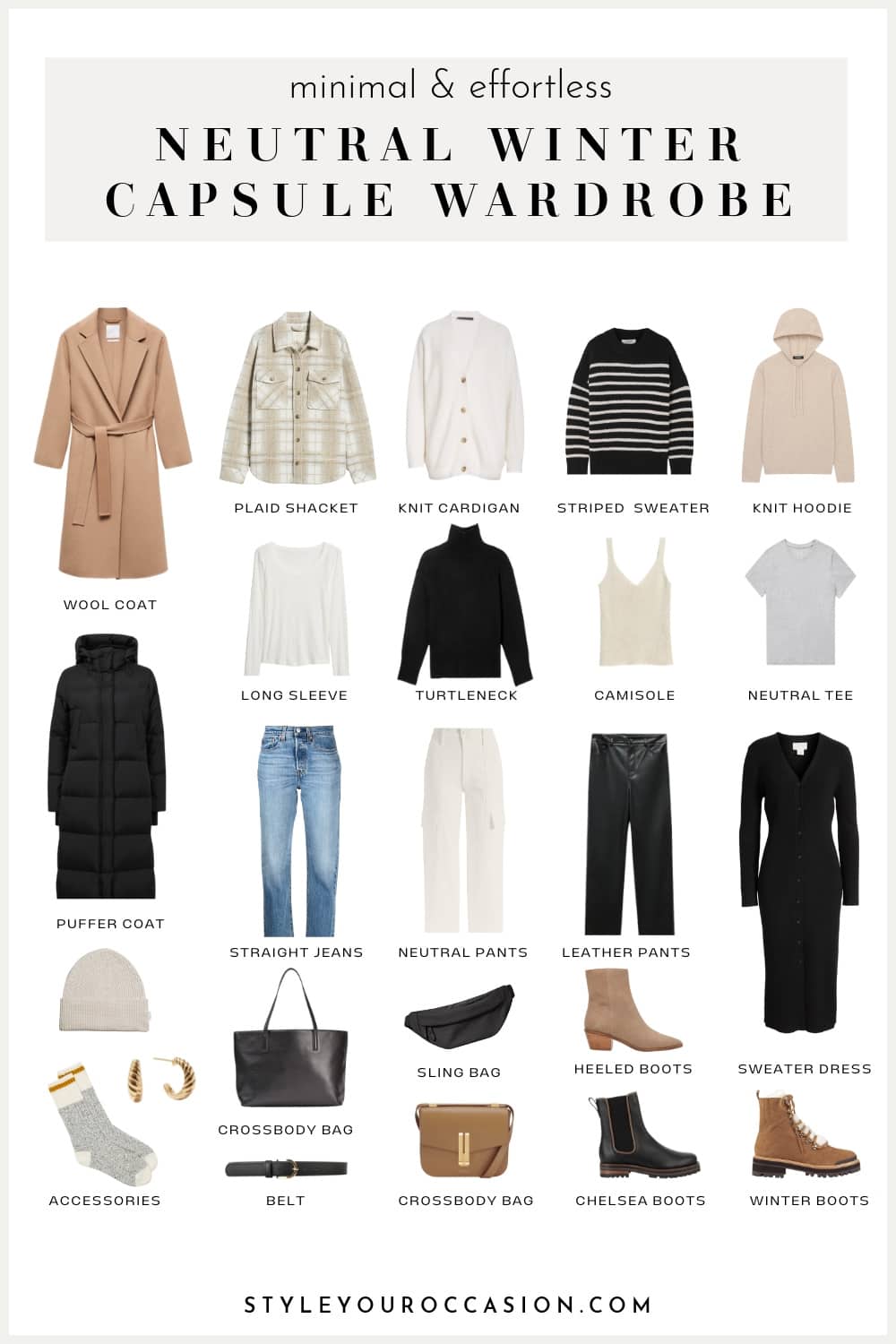 graphic of a neutral minimal winter capsule wardrobe for 2024