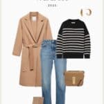 outfit from a winter capsule wardrobe with camel wool coat, striped black sweater, blue jeans, suede tan ankle boots, and a camel leather crossbody bag