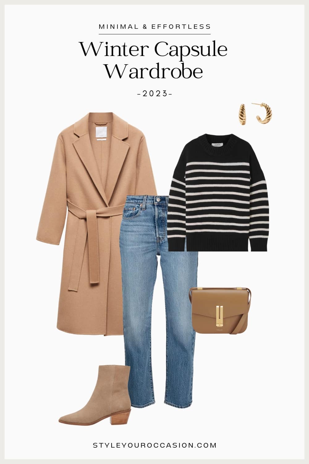 outfit from a winter capsule wardrobe with camel wool coat, striped black sweater, blue jeans, suede tan ankle boots, and a camel leather crossbody bag