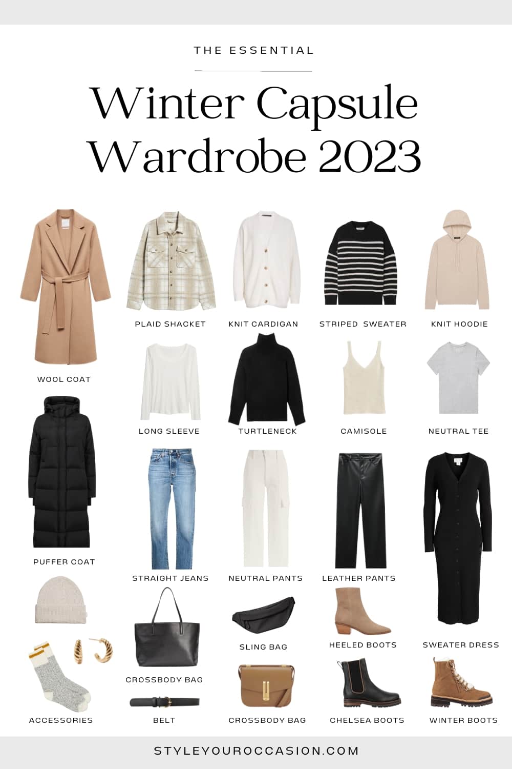 image of a 2023 Winter Capsule Wardrobe with neutral clothing and accessories