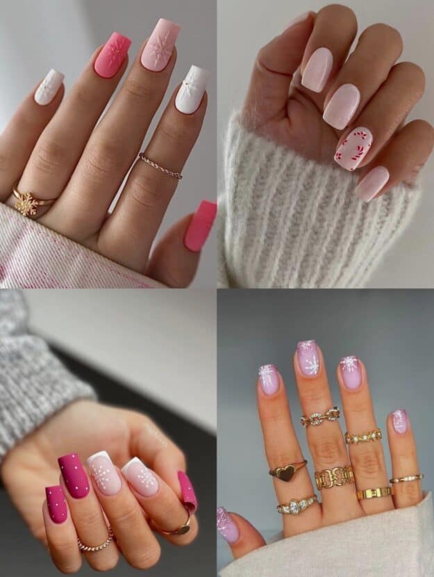 collage of four hands with pink winter nail designs