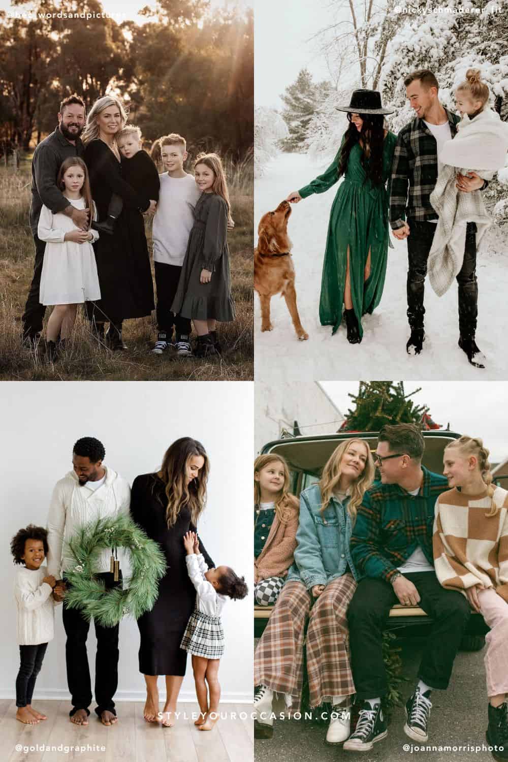collage of four images of winter family photoshoots