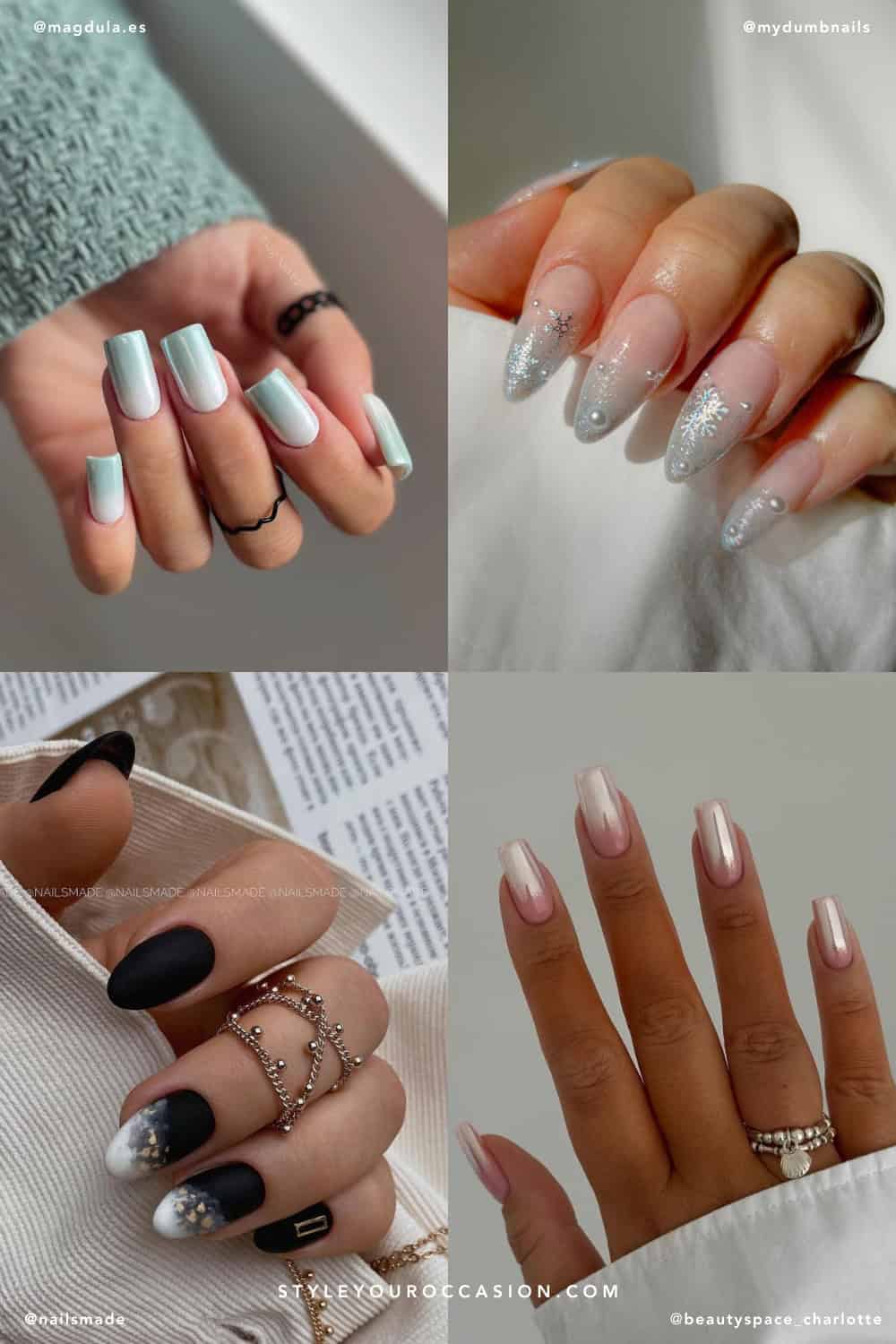 collage of four hands with ombre winter nail designs