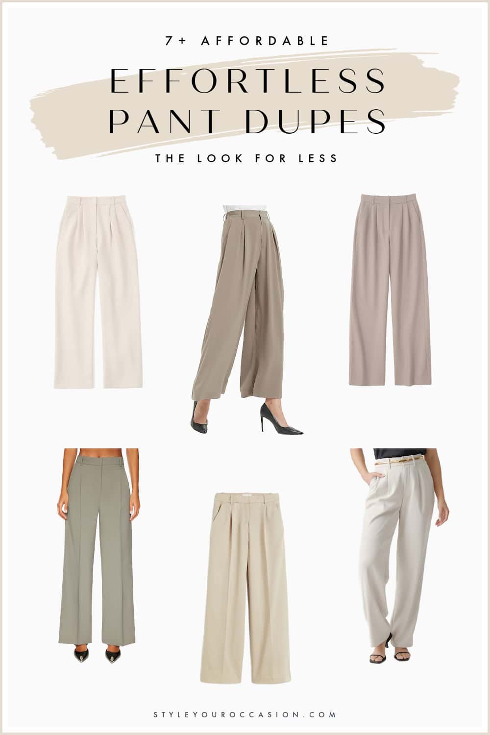 collage of pleated wide-leg pants that are dupes of the Aritzia Effortless pants