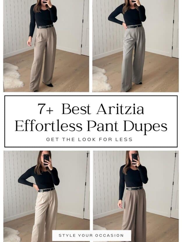 Christal wearing the Artizia Effortless pants and a black top, beside three more outfits with Effortless pants dupes
