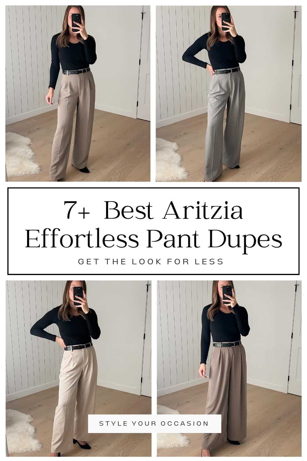 Christal wearing the Artizia Effortless pants and a black top, beside three more outfits with Effortless pants dupes