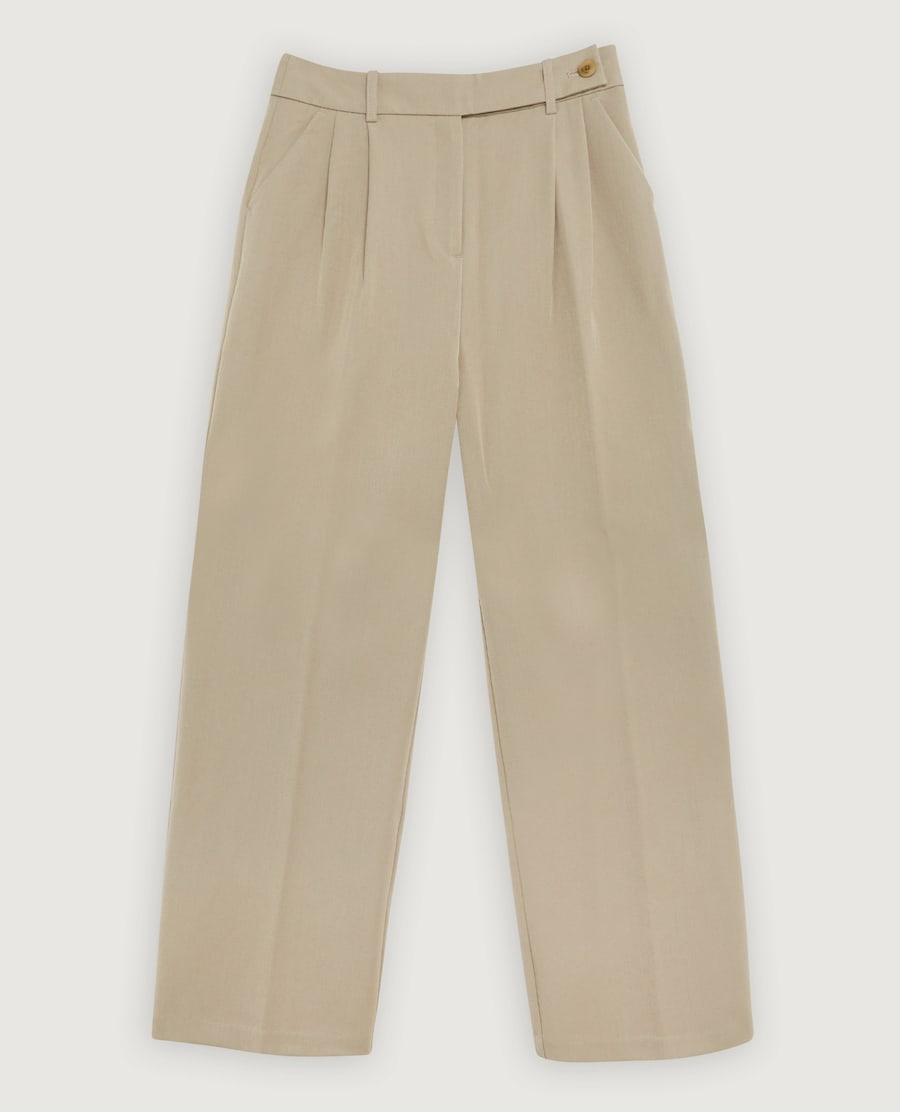 Image of a pair of dark beige wide-leg pleated trousers