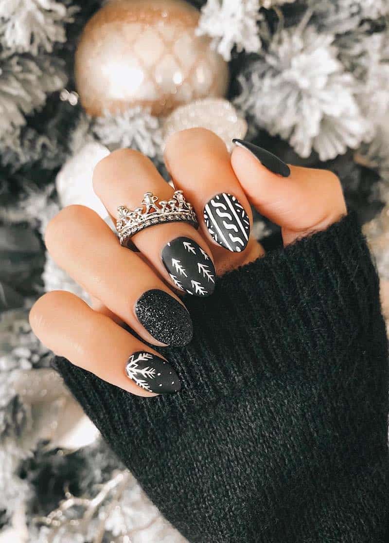 A hand with short almond nails painted in multiple winter designs like snowflake art, sweater details, pine trees, and glitter accent nails
