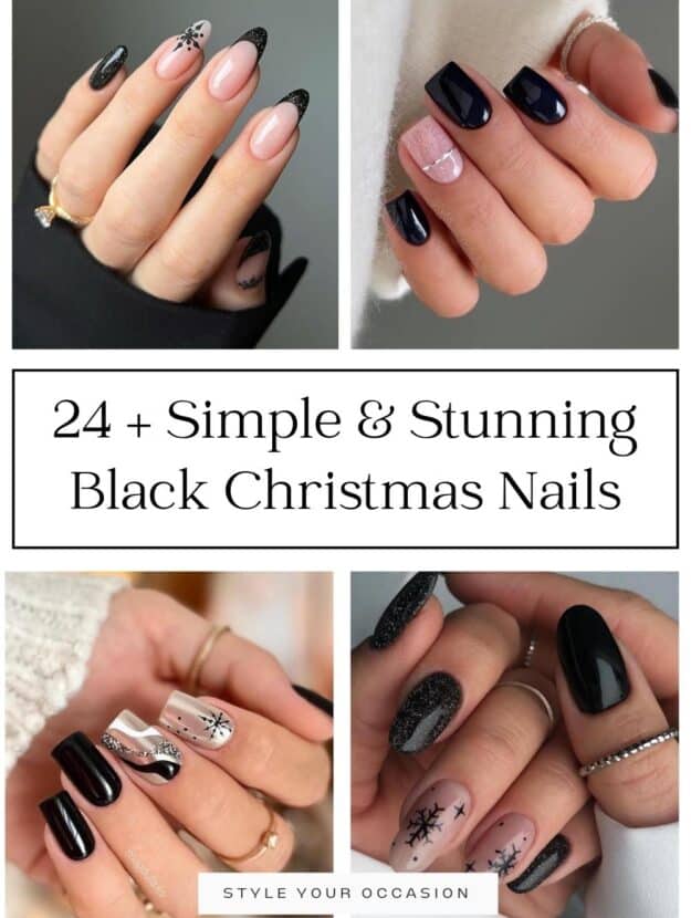 collage of four hands with simple and stunning black Christmas nail designs