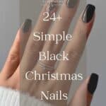 A hand with short black nails and one nude accent nail with a simple Christmas present design