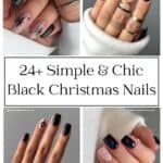 collage of four hands with simple black Christmas nail designs