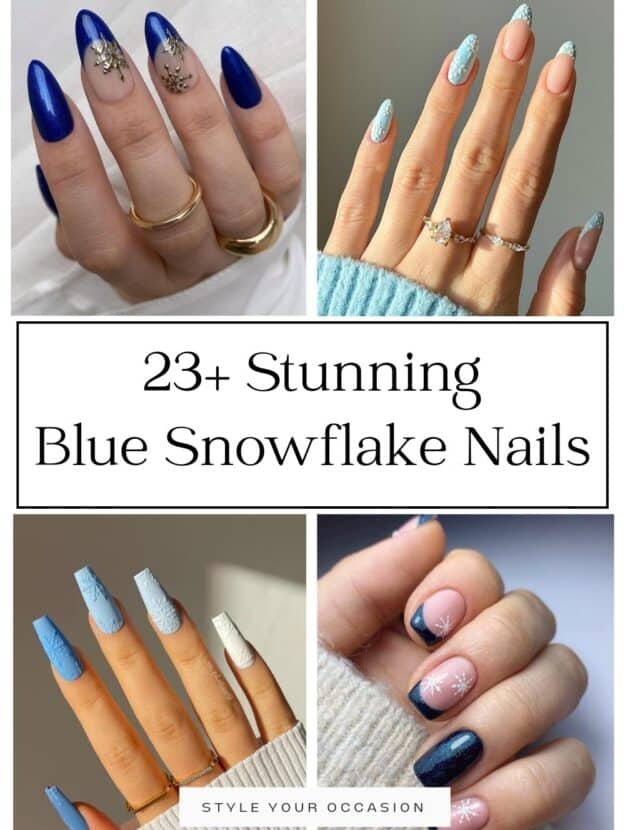 collage of four hands with blue nail designs with snowflake art