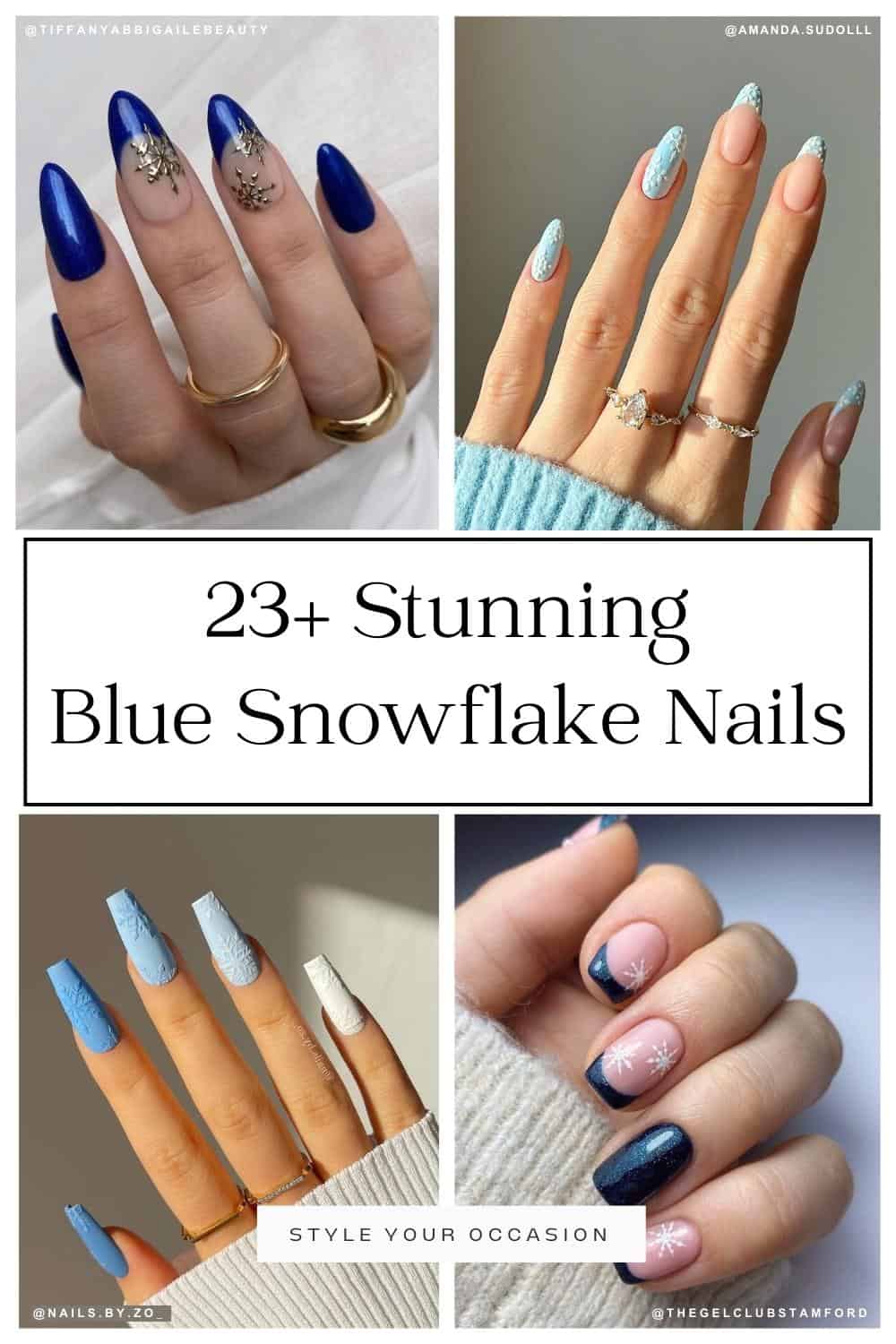 collage of four hands with blue nail designs with snowflake art