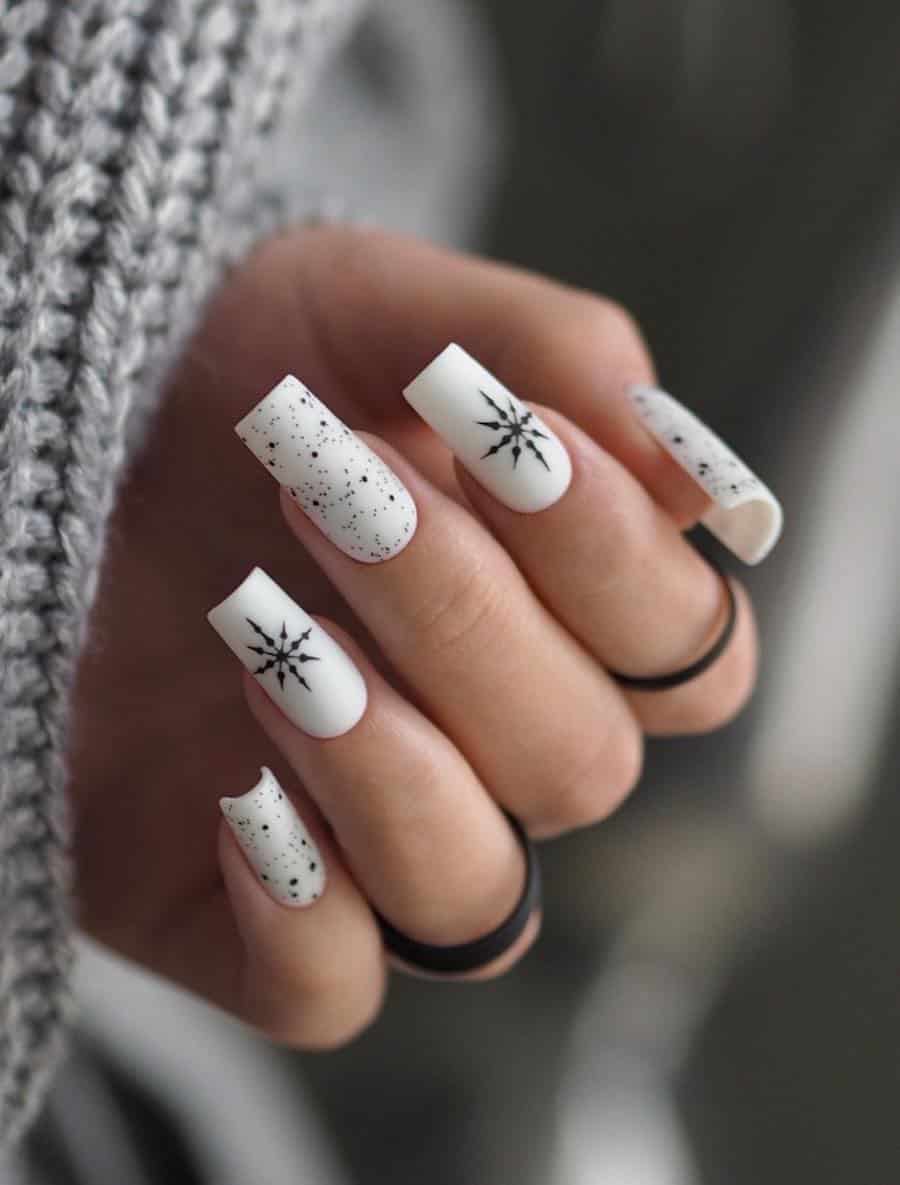 A hand with long square nails painted a matte white color with alternating black speckles nails and black snowflake nails