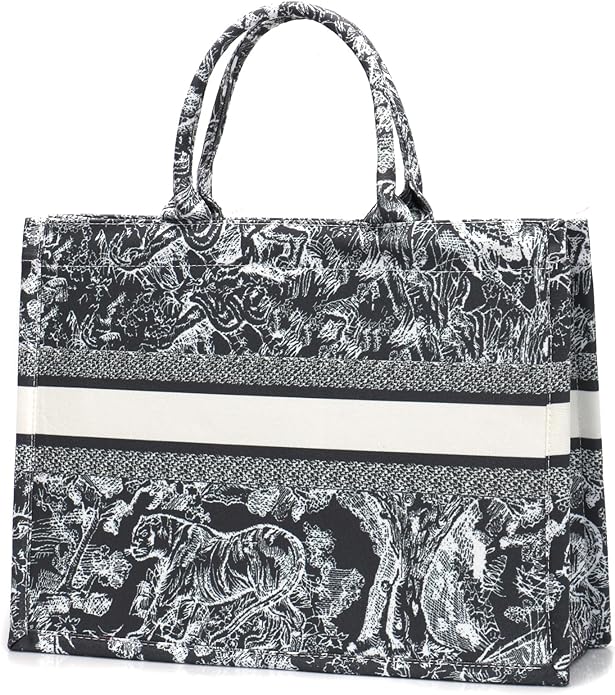 Image of a black tapestry printed tote bag with stripe across the center