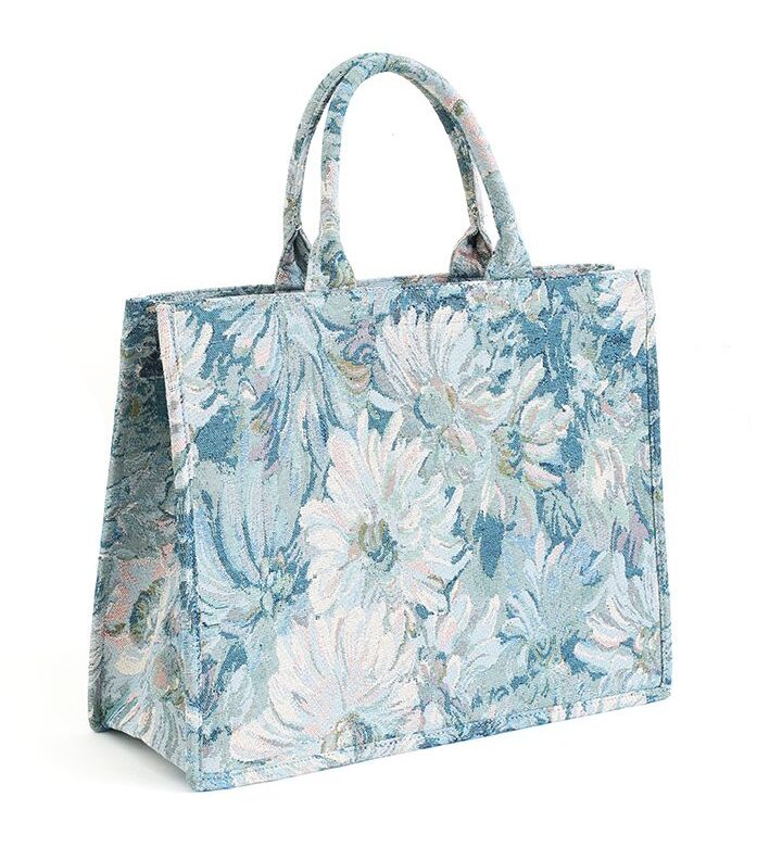 Image of a light blue floral tapestry printed book tote bag 