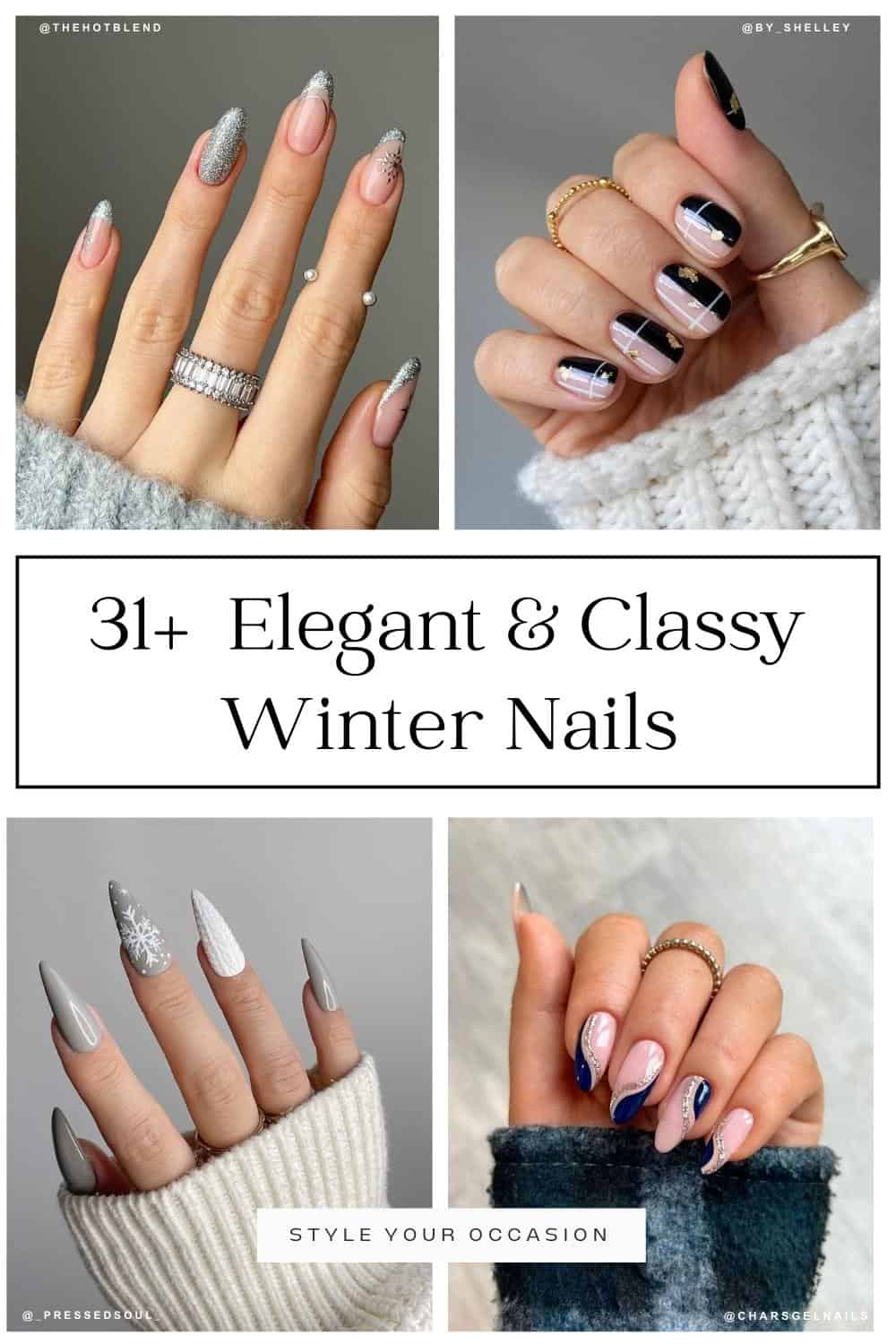 collage of four hands with elegant and classy winter nail designs