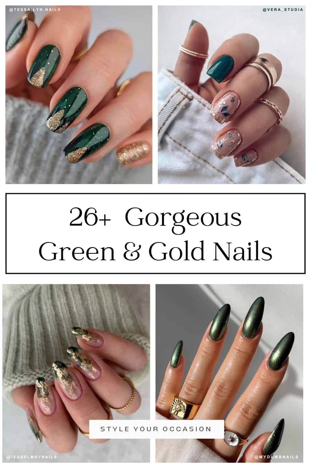 collage of four hands with beautiful green and gold nails