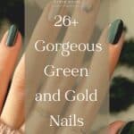 A hand with short round nails painted a solid forest green with a gold accent nail and a nude accent nail with gold wreath details