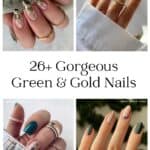 collage of four hands with green and gold nail designs