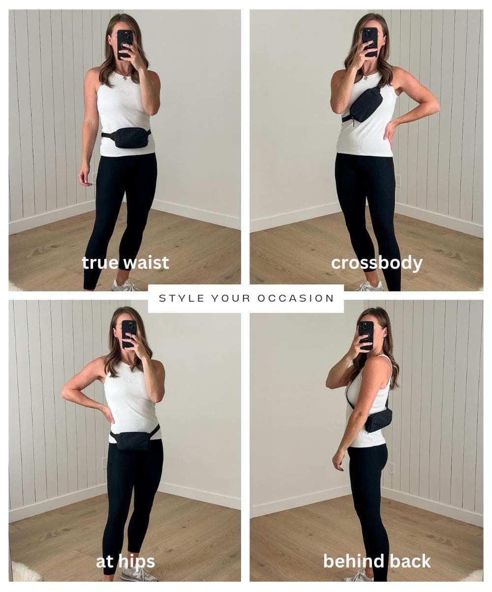 Collage graphic showing four different ways to wear a Lululemon belt bag.