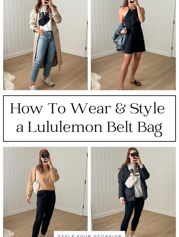 Collage graphic showing different outfits to wear with a Lululemon belt bag.