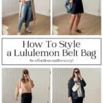 Collage graphic showing different outfits to wear with a Lululemon belt bag.