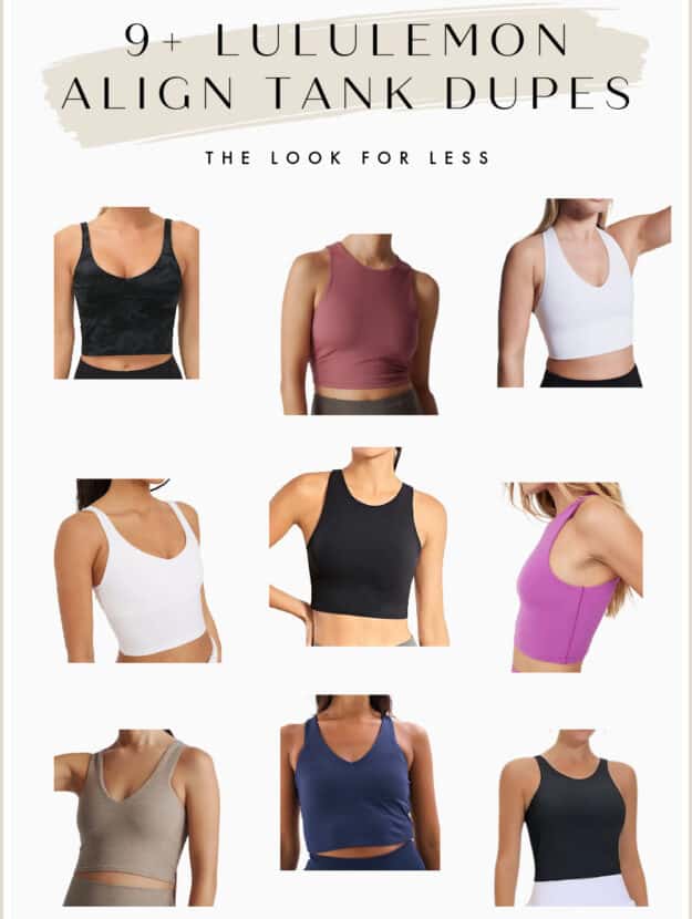 An image board of Lululemon Align tank top dupes and look-alikes from different brands