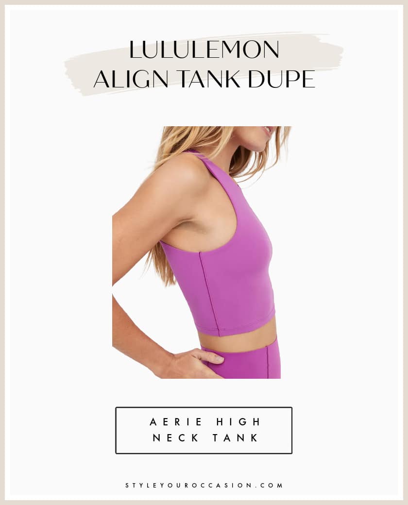 An image board of a pink high-neck Lululemon Align tank top dupe from Aerie