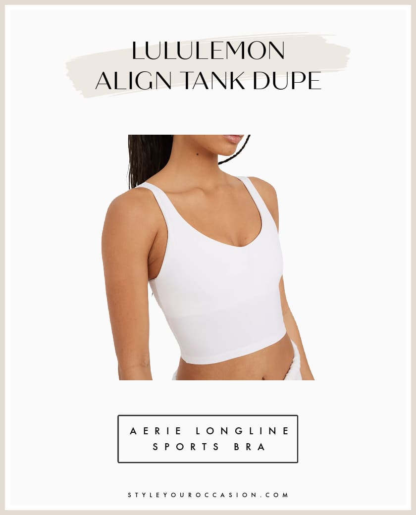 An image board of a white V-neck Lululemon Align tank top dupe from Aerie