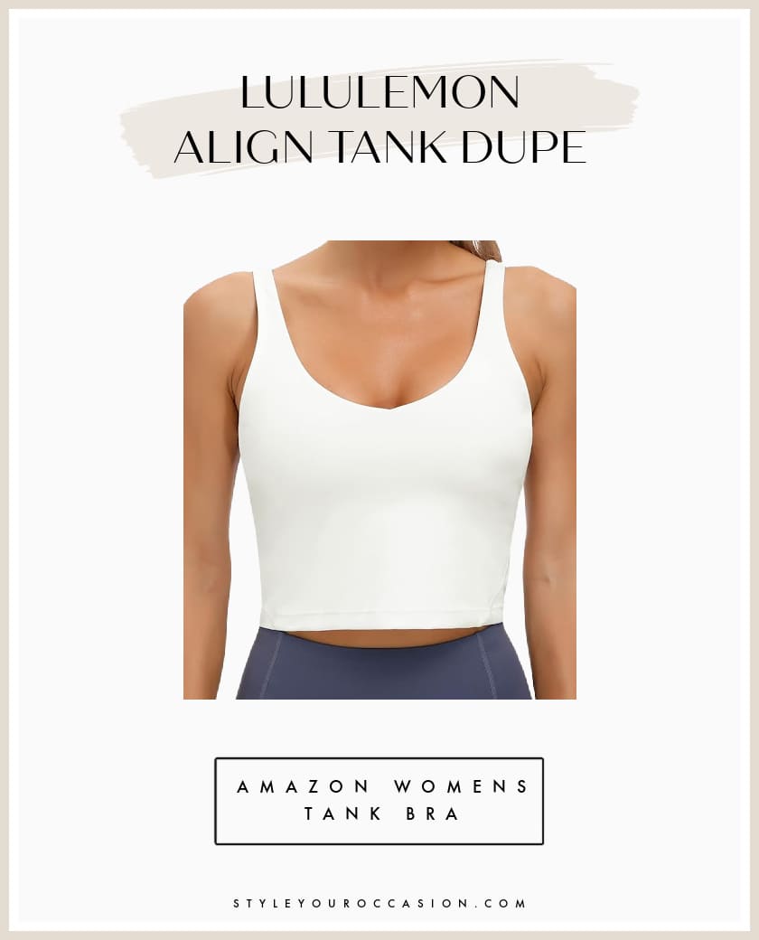 An image board of a white V-neck Lululemon Align tank top dupe from Amazon