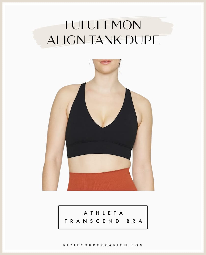 An image board of a black V-neck Lululemon Align tank top dupe from Athleta