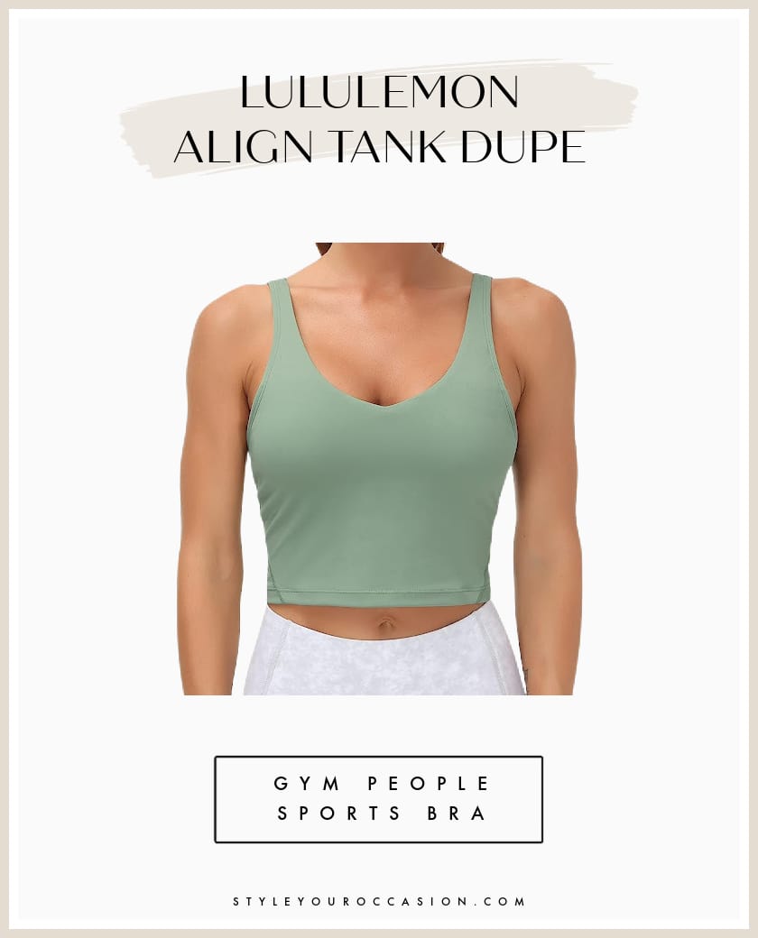 An image board of a light green V-neck Lululemon Align tank top dupe from Gym People