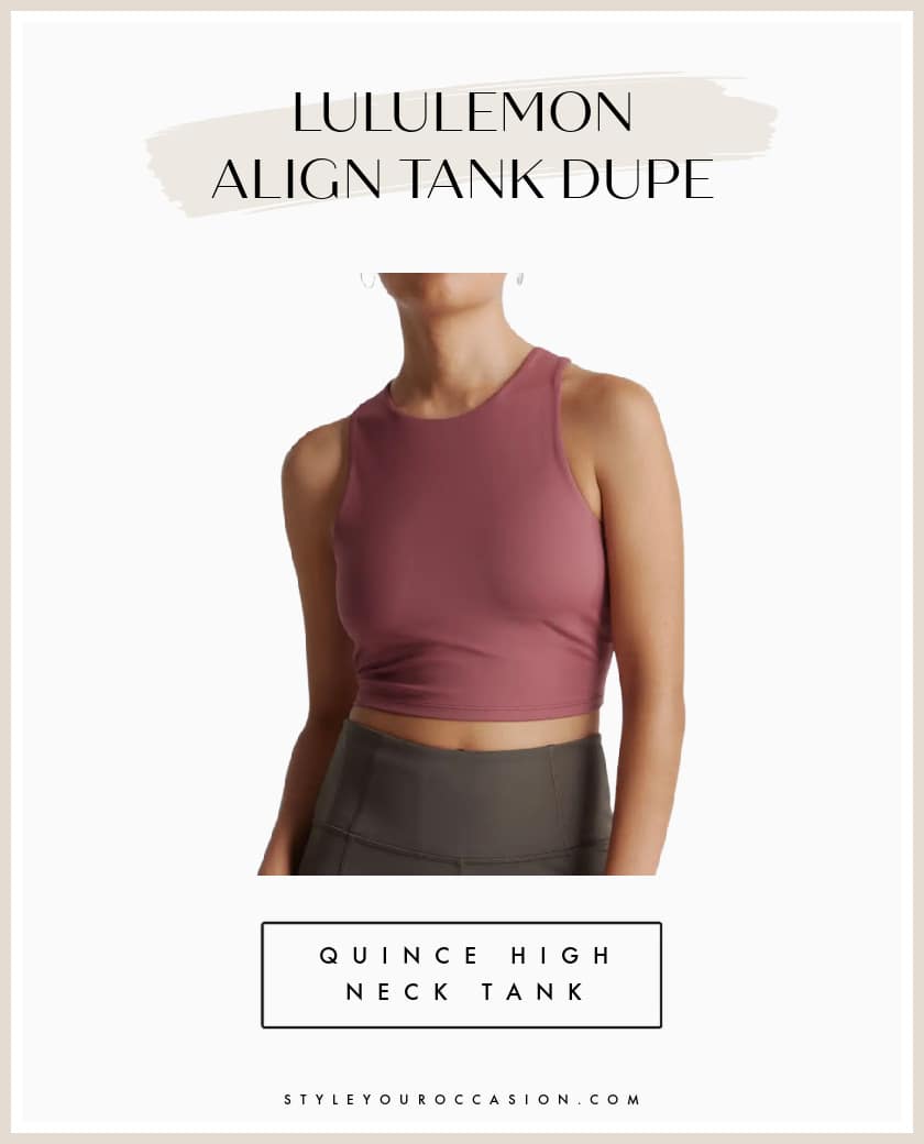 An image board of a pink high-neck Lululemon Align tank top dupe from Quince